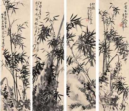 蒲华 1895年作 竹石 四屏
